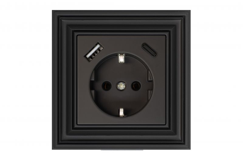 SCHUKO rozetė su USB A+C – LIREGUS Retro, juodai ruda matinė
